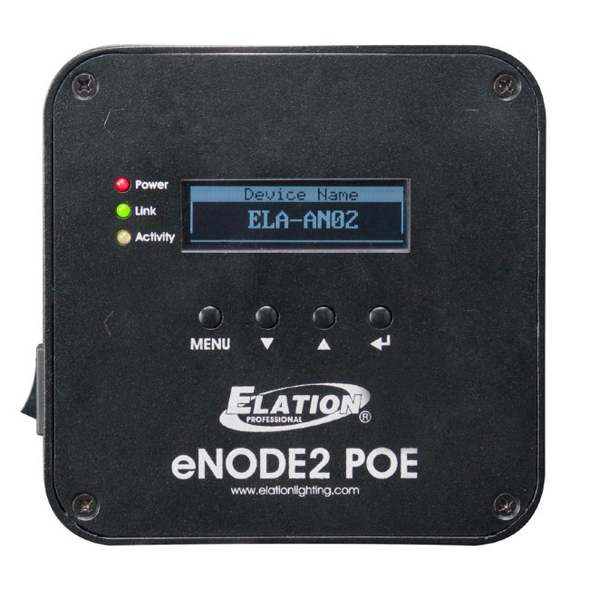 ENode2 POE ™ - это компактный Ethernet-DMX-узел, работающий по Ethernet (POE), внешний источник питания или шнур не требуется. Поддерживает совместимые с Art-Net системы управления DMX, используя один RJ45-10/100 Мбит / с Neutrik etherCON-входом и два мул
