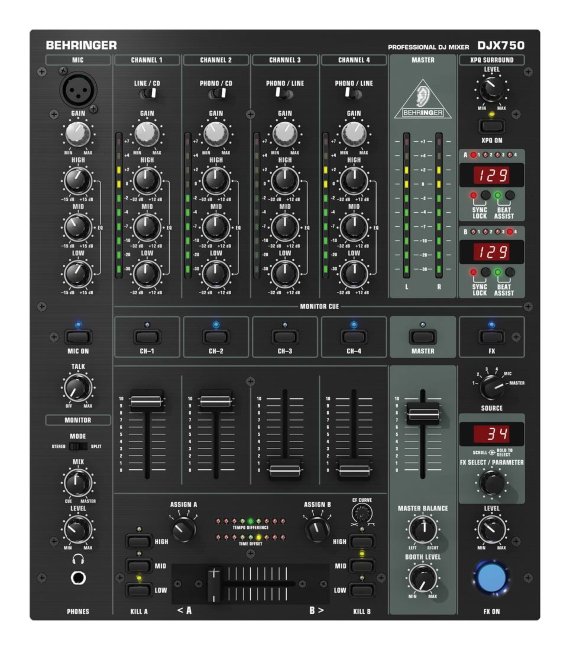 Behringer DJX750 - микшер для DJ, 5 вход. канала (4 стерео, плюс микрофонный),эквалайзер