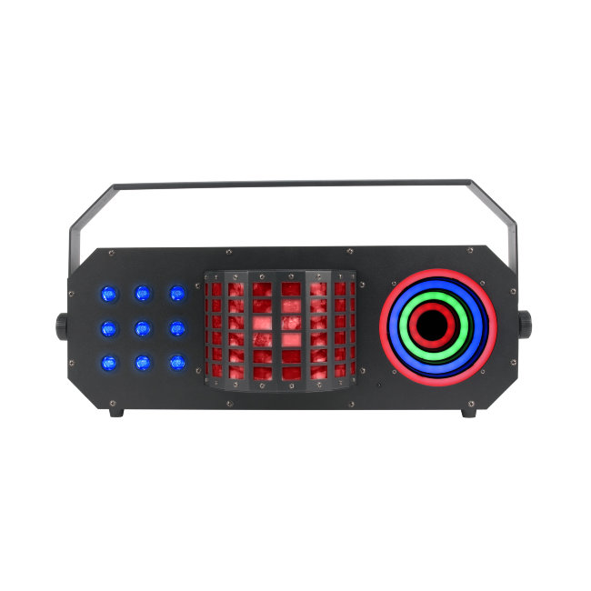 ADJ BOOM BOX FX3 3 прибора в одном: классический эффект Derby (2 x 10W RGBW), заливной свет (9 x 3W RGB TRI) и световой эффект Visual Ring (88 x 0.2W RGB SMD TRI)