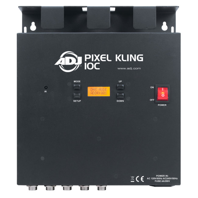 ADJ Pixel Kling 10C 10-канальный пиксельный драйвер с протоколами KlingNet и DMX - Управление макс. 10 каналами - 5 режимов работы: режим диммера RGB, режим звуковой активации, режим автоматических программ, режим статических цветов и управление DMX - 4 р